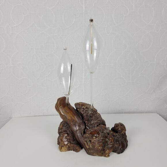 Vintage Oil Candle Lamp Burl Root Designs Glass Lantern Wood Base MCM Retro - Picture 9 of 16